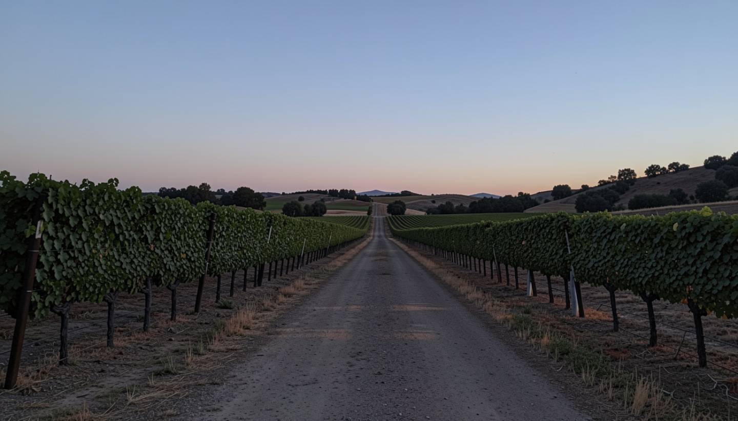 Evening light along Silverado Trail in Napa Valley with vineyard rows and open sky, illustrating continuity, return visits, and a slower rhythm of travel.