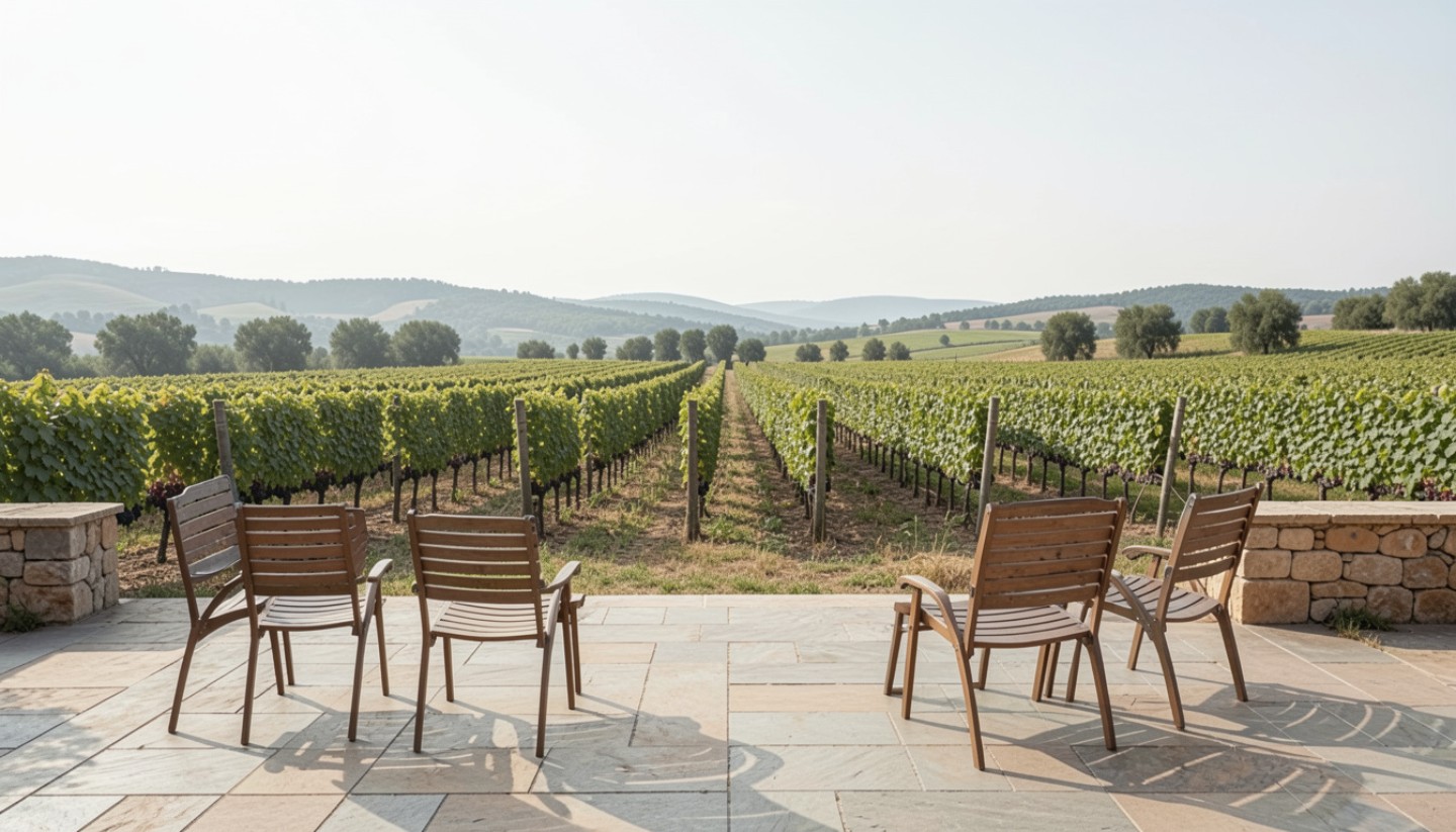 Quiet vineyard terrace in Napa Valley with empty seating, representing reflection, intention, and a sober travel experience focused on presence.
