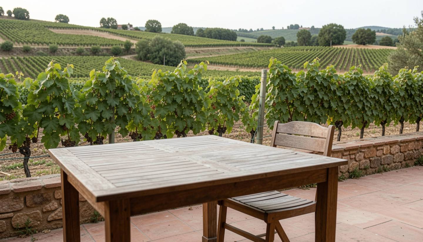 An empty terrace table overlooking Napa Valley vineyards, set in calm light with no guests present, evoking stillness, reflection, and personal space.