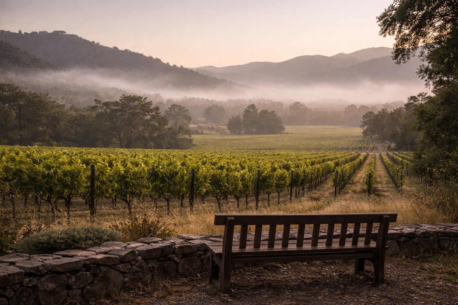 Early morning Napa Valley vineyard with fog lifting and a bench overlooking the vines, a quiet setting ideal for travel journaling and reflective writing from San Francisco visitors.