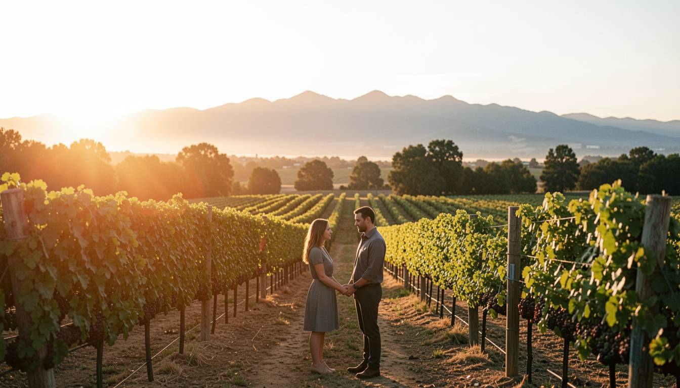 Couple standing together at a quiet Napa Valley vineyard overlook during golden hour, renewing vows privately with soft light across the vines.