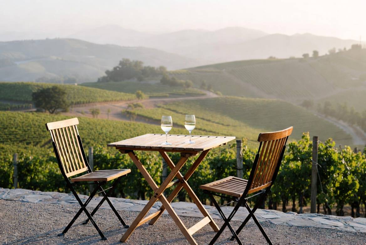 Quiet winery terrace in Napa Valley with seating for two and vineyard views, offering a peaceful space for couples seeking reconnection.
