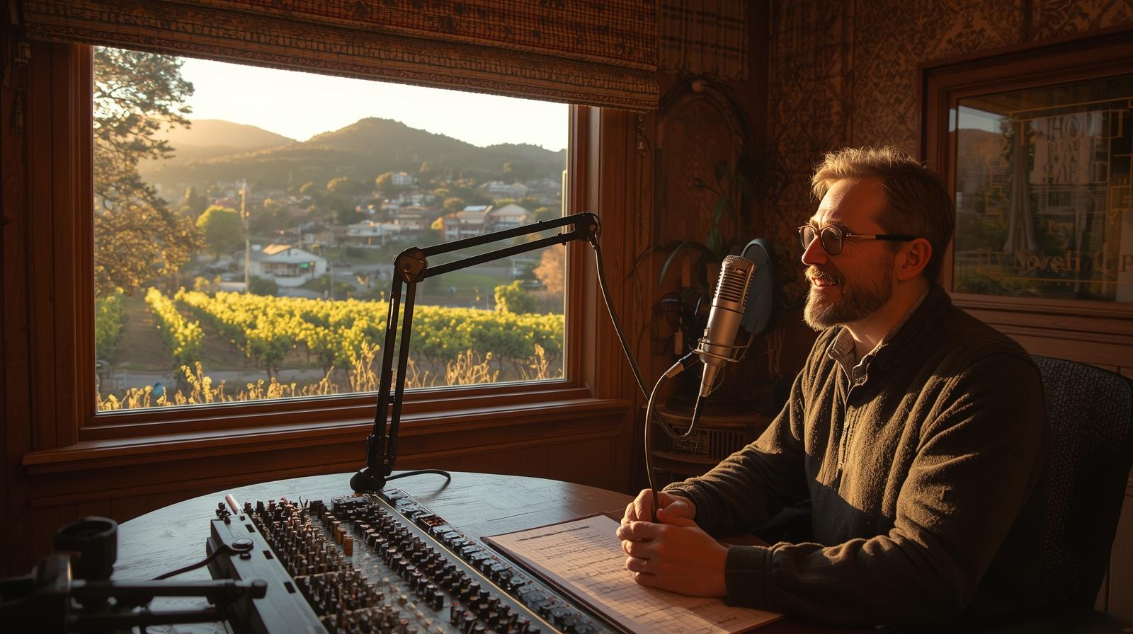 Local radio host speaking into a microphone inside a small Napa Valley radio station studio, highlighting community broadcasting and local news coverage.
