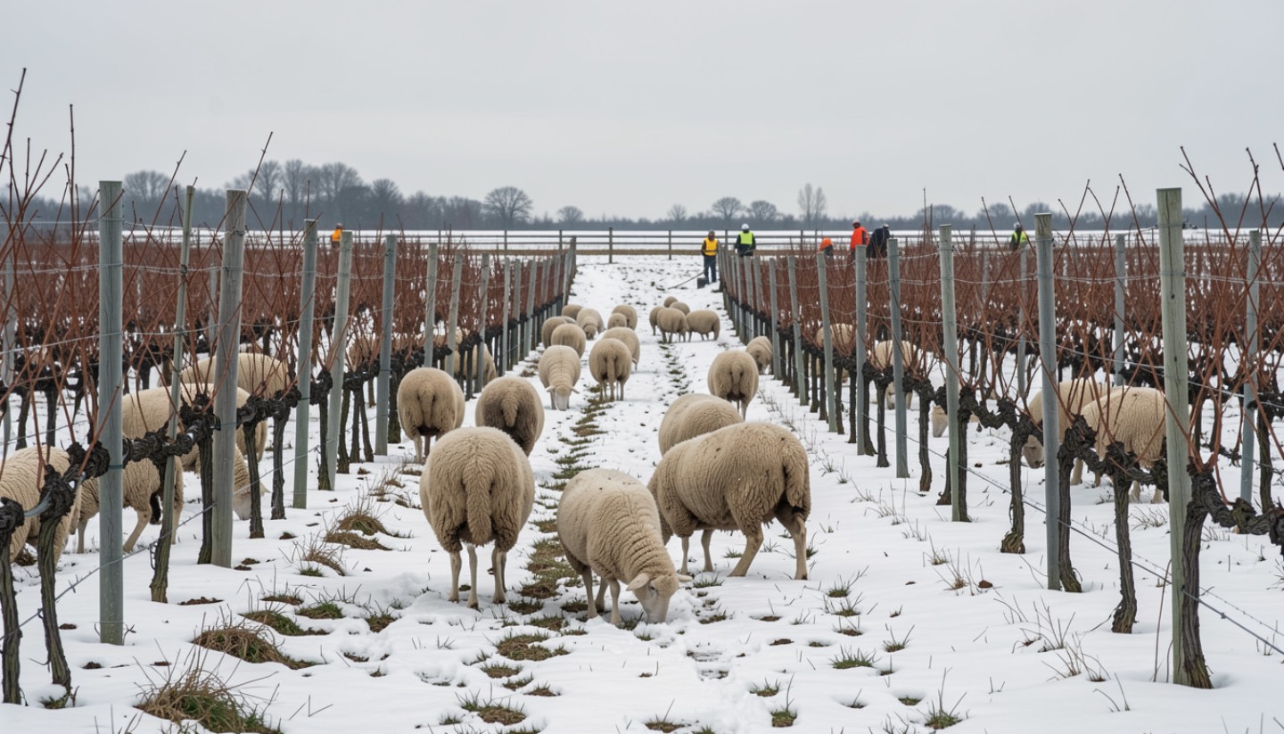 Sheep grazing between vineyard rows in Napa Valley during winter, illustrating regenerative agriculture, natural weed management, and soil enrichment.