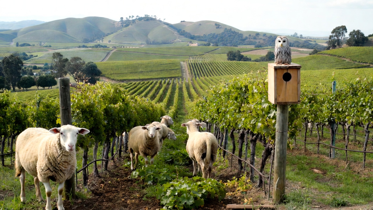 Sheep grazing between vineyard rows in Napa Valley as part of regenerative farming practices, with cover crops visible beneath the vines to support soil health and conservation.

