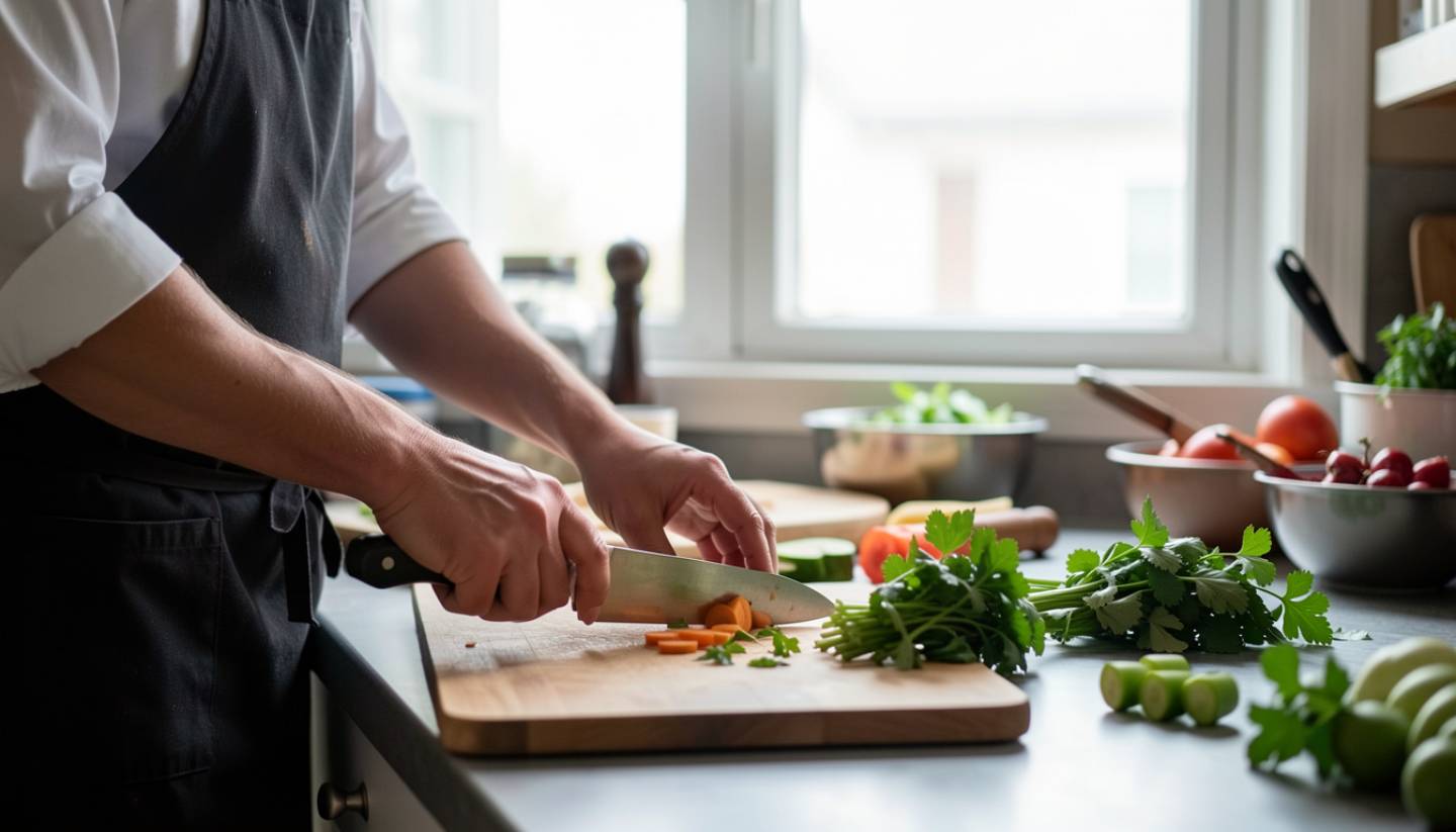 Chef preparing fresh ingredients in a Napa Valley restaurant kitchen, showing behind the scenes food preparation important to culinary writers and journalists.