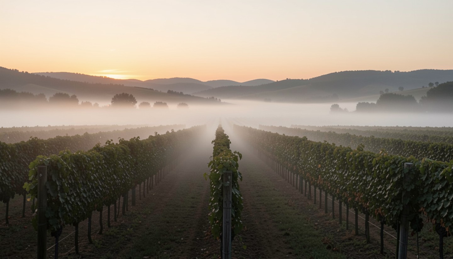 Morning fog lifting over vineyard rows in Napa Valley, creating a calm and restorative landscape for travelers returning to themselves after a hard season.