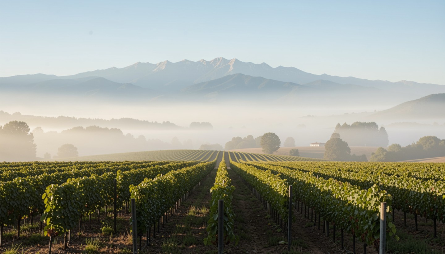 Late morning vineyard view in Rutherford, Napa Valley with soft sunlight and distant mountains, showing the calm pace of a weekday trip after retirement.