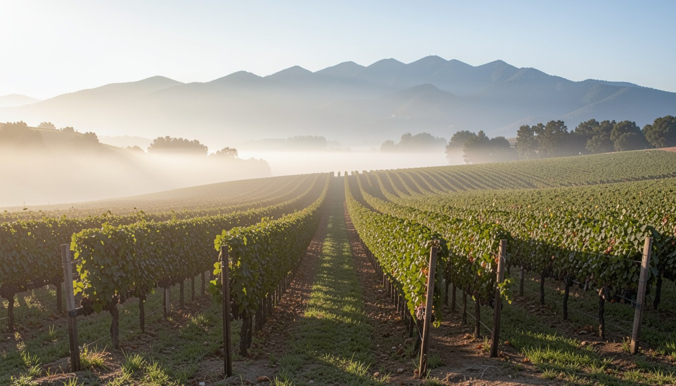 Late morning vineyard in Rutherford, Napa Valley with soft sunlight and distant mountains, creating a calm and welcoming setting for travelers returning after years away.