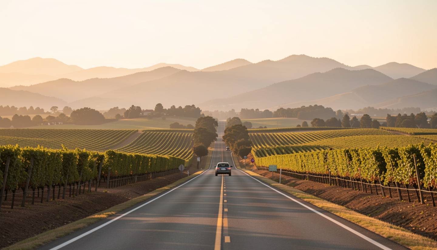 A car driving along a quiet road through Napa Valley vineyards at sunset, with rolling hills and vineyard rows on both sides, representing a scenic road trip from San Jose to Napa.