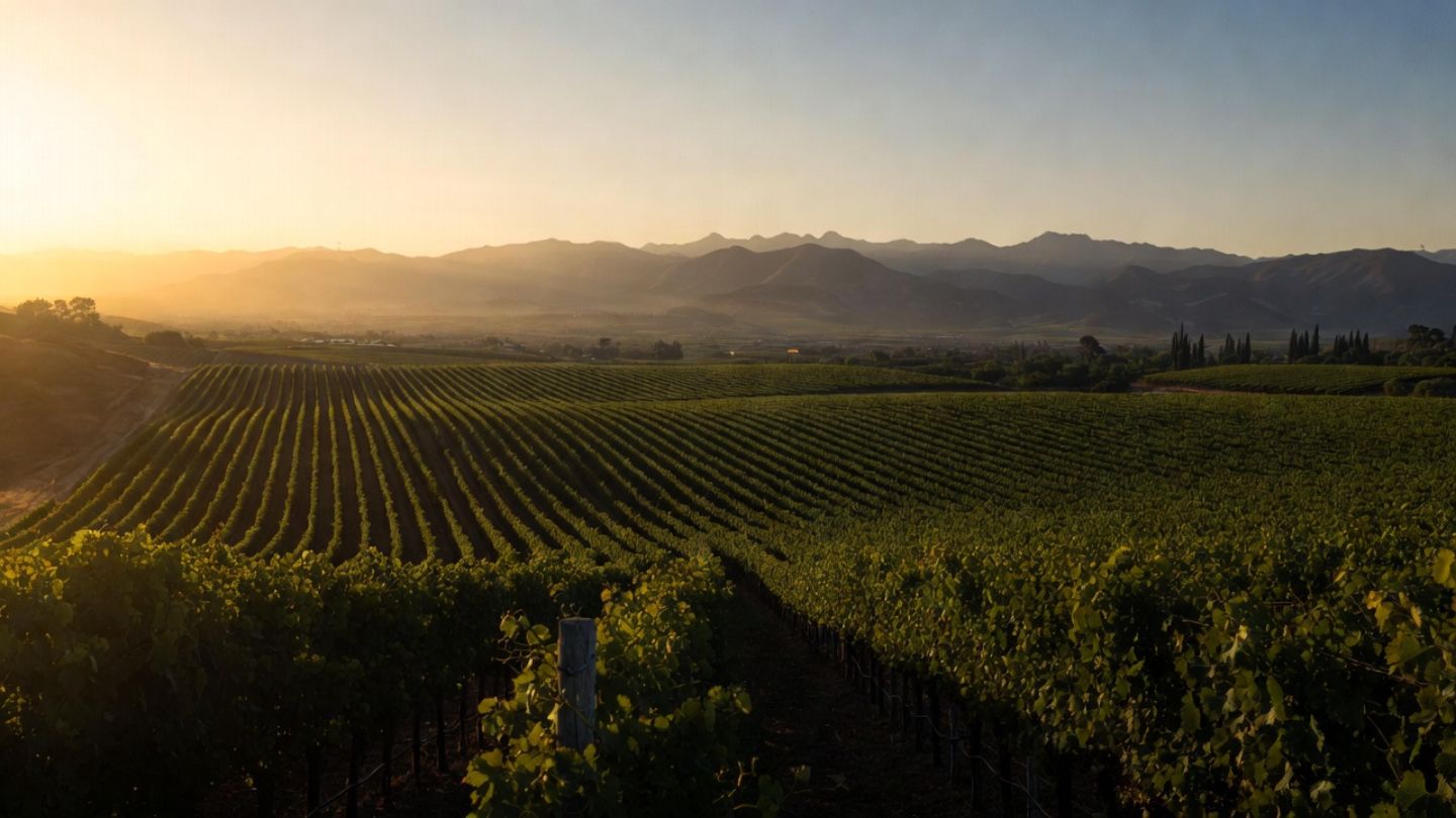 Late afternoon golden light over Cabernet vineyards in Rutherford, Napa Valley, with soft shadows and the Mayacamas hills in the distance.
