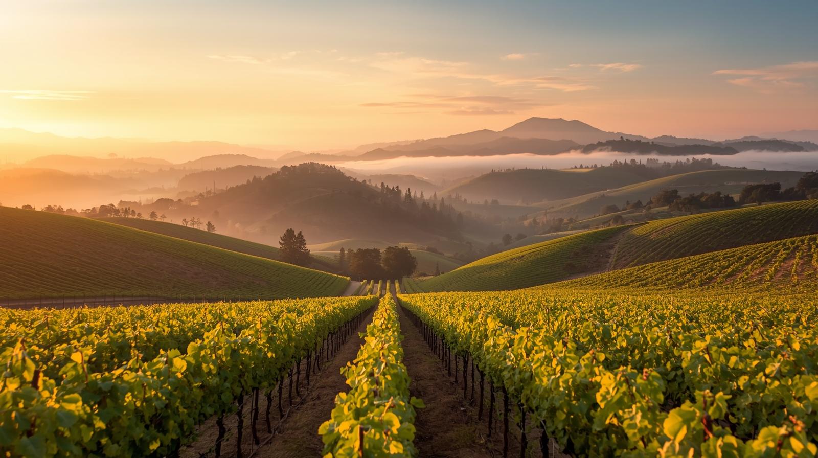 Sunrise over vineyard rows on the Napa Valley floor with morning fog lifting toward the Mayacamas mountains, illustrating agricultural land preservation and the foundation of the Napa wine economy.