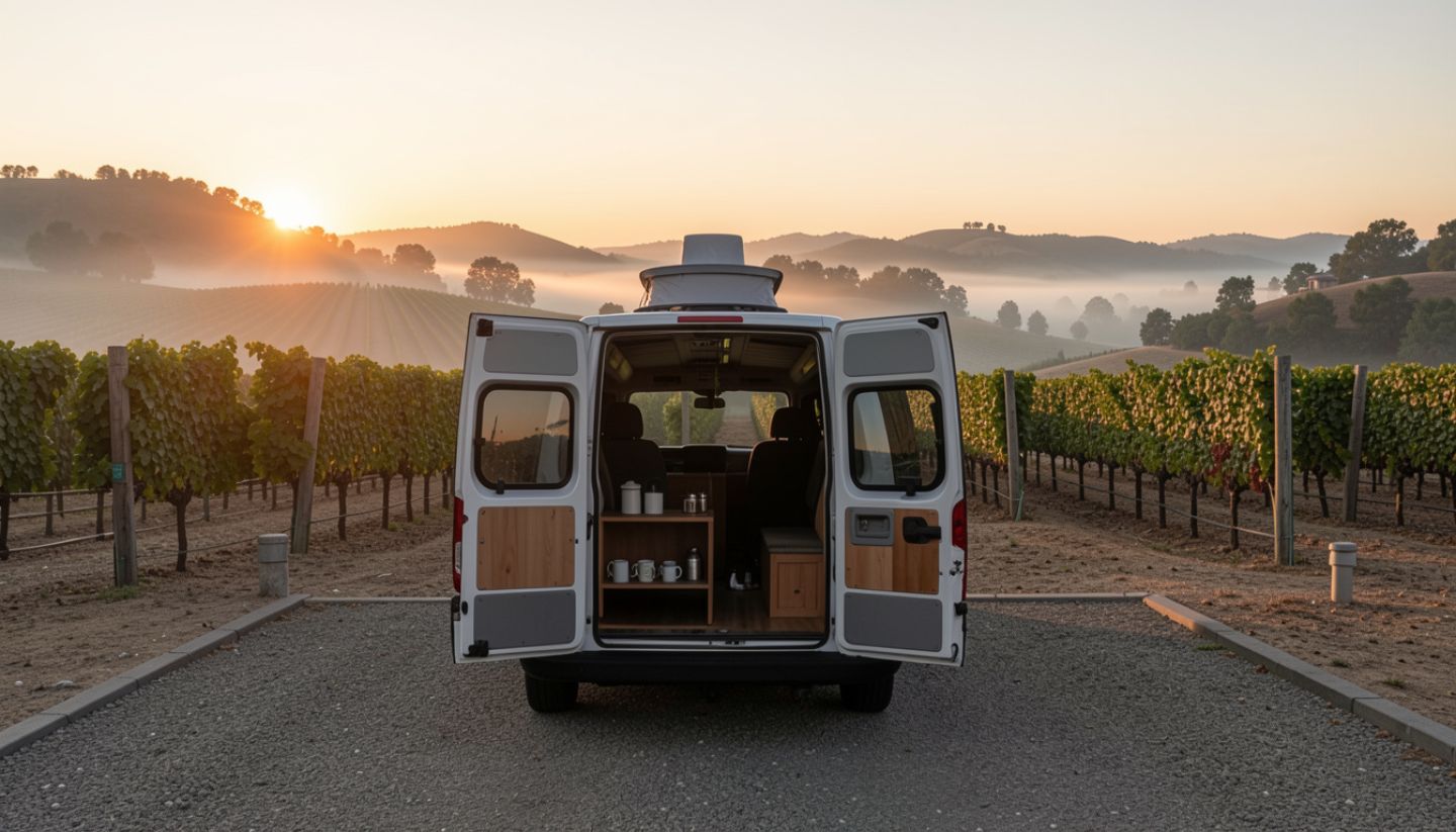 Camper van parked at a Napa Valley campground during sunrise with vineyard rows and fog over the Rutherford benchlands visible in the distance.