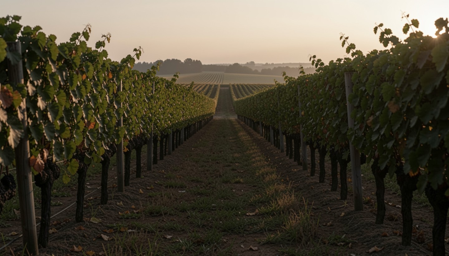 Late afternoon light over Napa Valley vineyards with long shadows, illustrating slow travel, rest, and reconnection for new parents on their first trip back out.