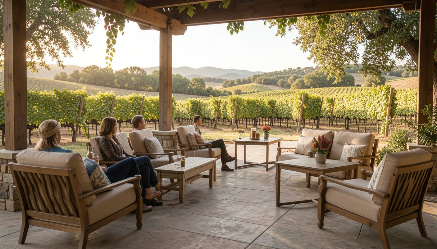 Comfortable seated patio overlooking vineyards in Napa Valley, showing a relaxed and flexible travel experience suited for new parents.