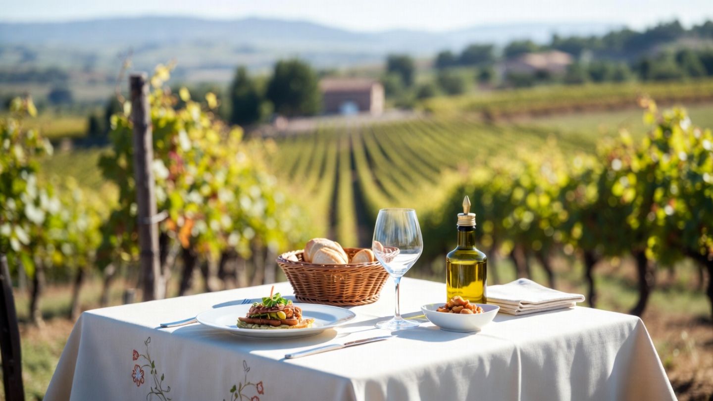 Seated wine tasting in Napa Valley with food on the table, illustrating a relaxed, food led wine experience for South Bay travelers.
