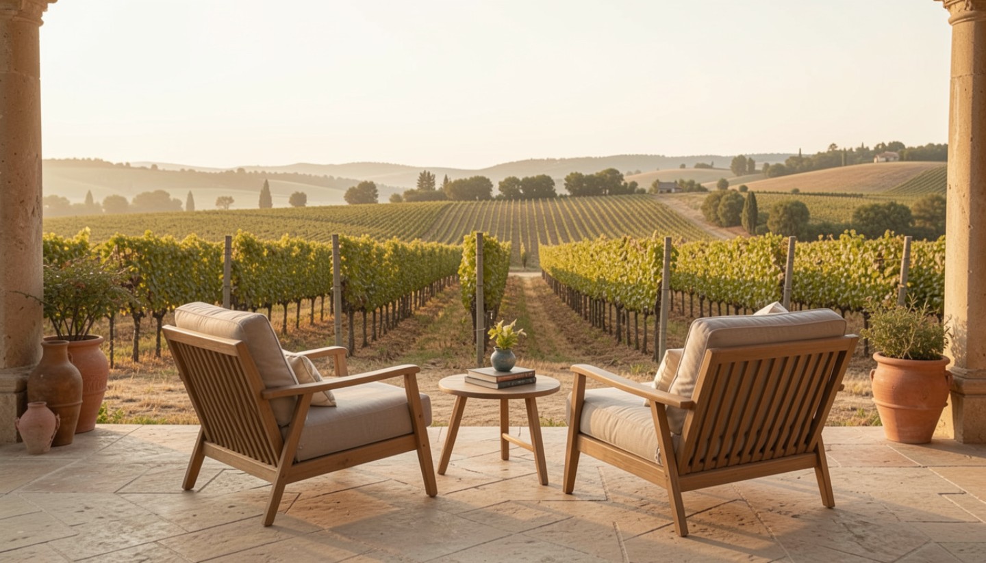 Quiet seated terrace overlooking Napa Valley vineyards, illustrating space for reflection and thoughtful conversation during a career transition.