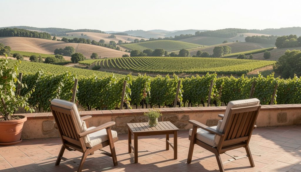 Seated terrace overlooking vineyards in Napa Valley with open views of the hills, illustrating a relaxed wine country experience suitable for expecting couples.