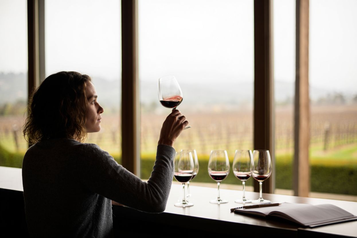 Seated wine tasting in Rutherford Napa Valley with multiple Cabernet glasses arranged in a row, a notebook open on the table, and vineyard rows visible through the window in morning light.