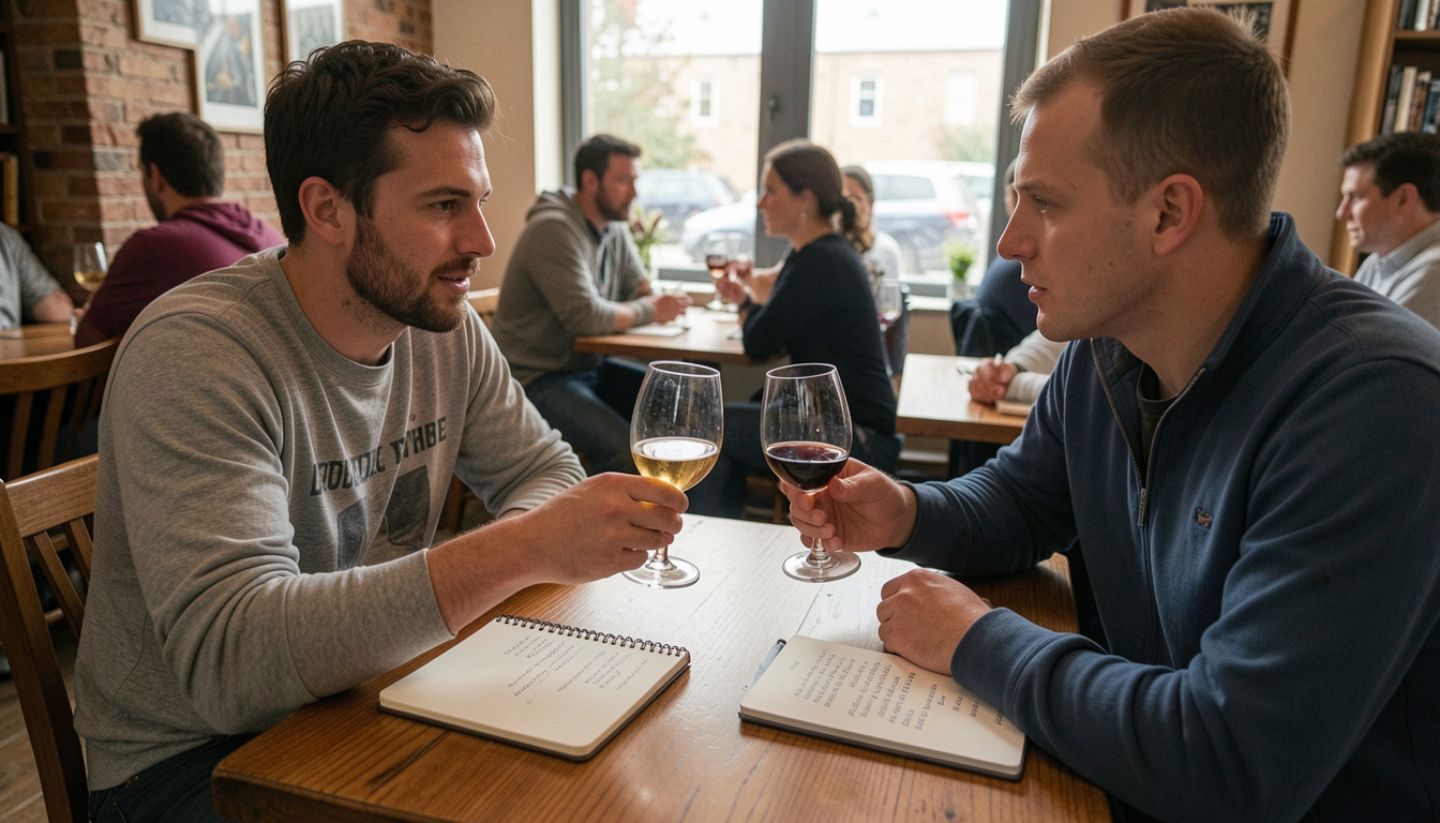  Seated wine tasting in Napa Valley with small pours in glasses, a notebook on the table, and two guests sharing a flight in a calm educational setting.