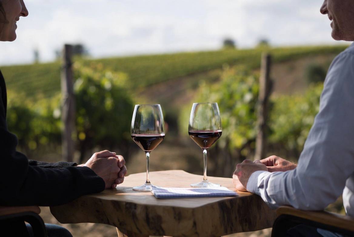 Couple seated at a private winery tasting in Napa Valley, taking time to enjoy wine and conversation in a calm, intentional setting.