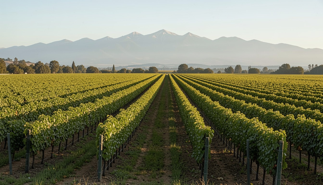 Open vineyard landscape in Rutherford, Napa Valley with mountains in the distance, creating a calm and neutral setting for shared reflection during a blended family visit.