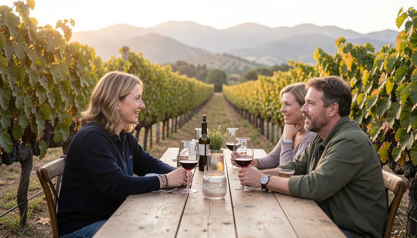 Adult siblings sitting together at a vineyard table in Napa Valley during golden hour, reconnecting over wine and conversation in a relaxed outdoor setting.