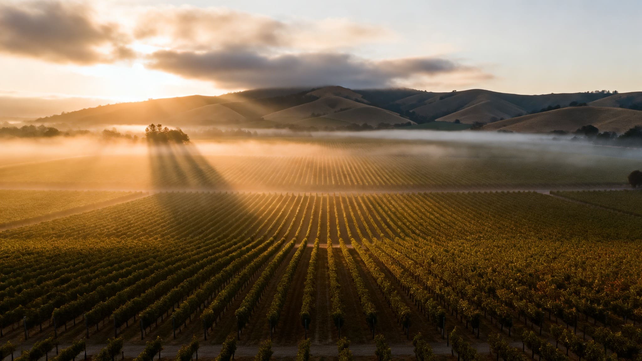 Foggy morning in Napa Valley with vineyard rows in the Rutherford benchlands, showing a quiet landscape that reflects simple living and intentional travel.