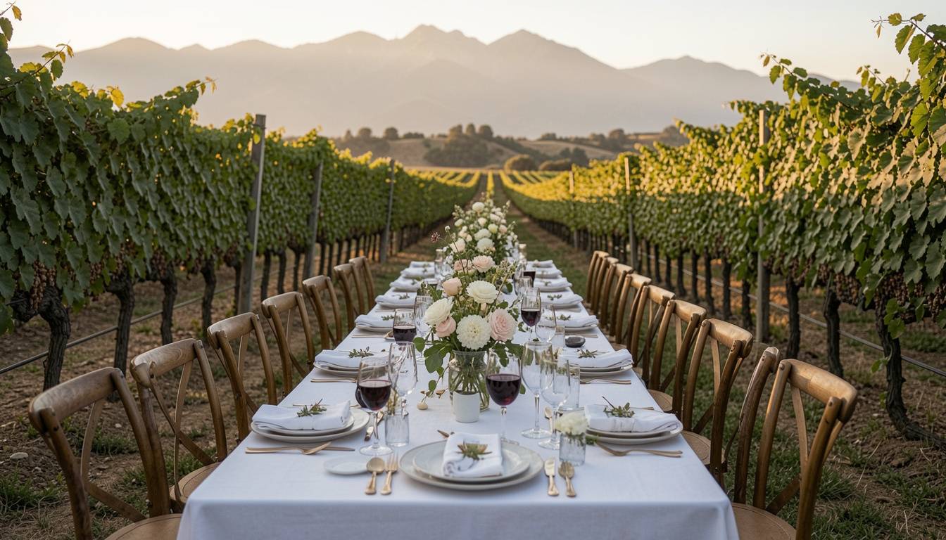 Small wedding group gathered around a long table in a Napa Valley vineyard during golden hour, celebrating an intimate wedding weekend with wine and shared conversation.