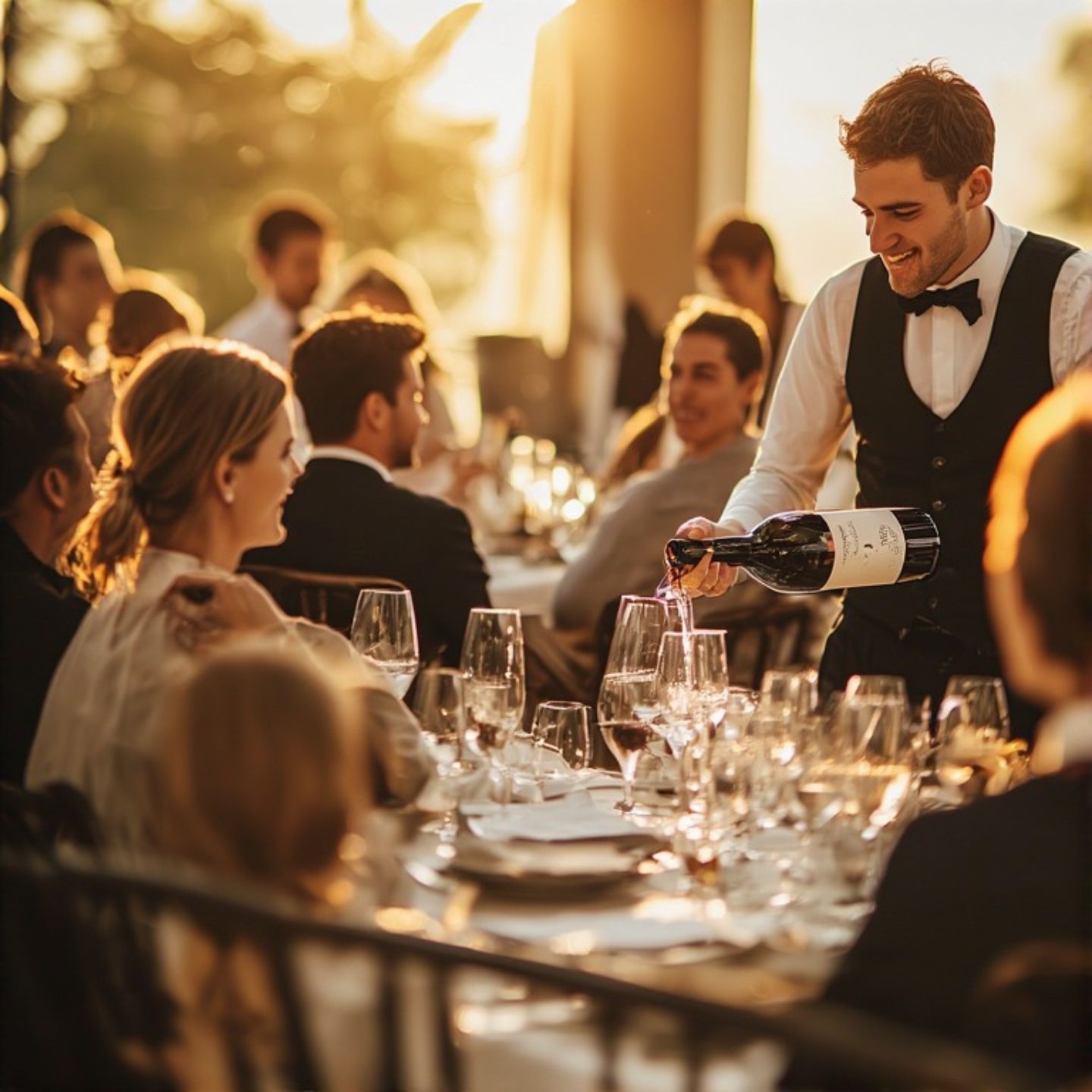 Sommelier pouring Napa Valley wine at a restaurant table during evening service, highlighting hospitality, wine education, and curated dining experiences in wine country.
