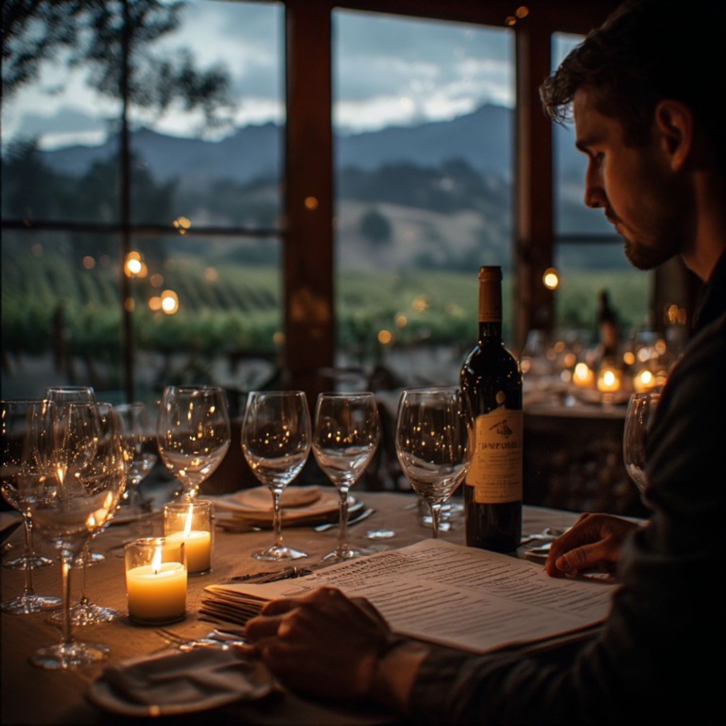 Sommelier preparing wine service in a Napa Valley restaurant dining room at sunset with polished wine glasses and vineyard light visible through windows, representing Napa wine culture and curated wine lists.