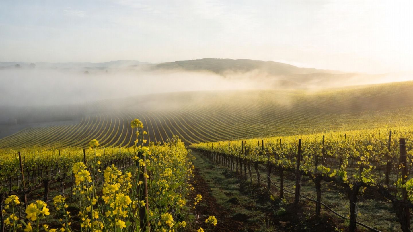 Early spring in Napa Valley showing bright yellow wild mustard blooming between vineyard rows as morning fog lifts from the valley floor, a seasonal landscape popular with flower lovers visiting from the San Mateo County Peninsula.