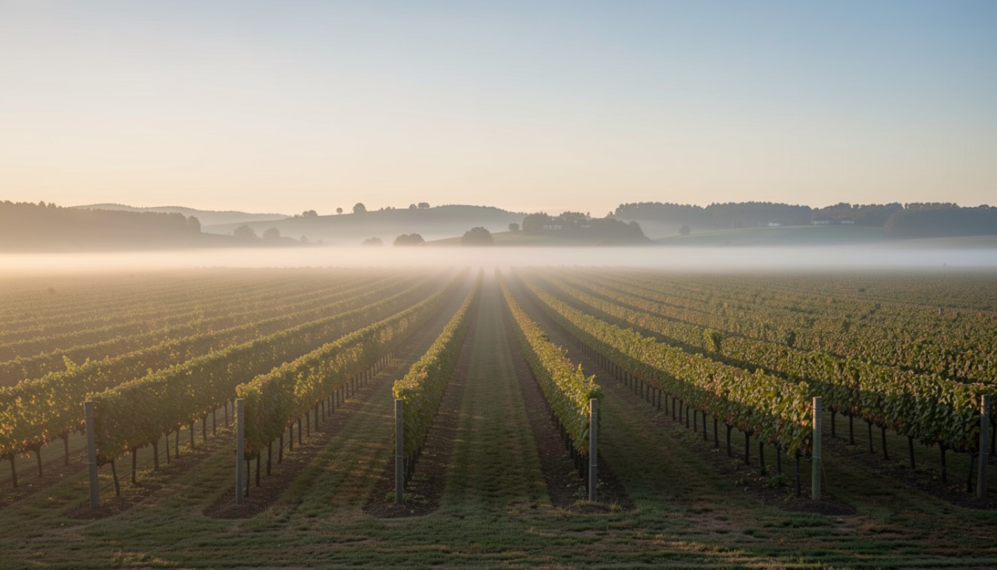 Early morning vineyard rows in Napa Valley with light fog, showing the calm and structured environment suited for chess players and strategic retreats.