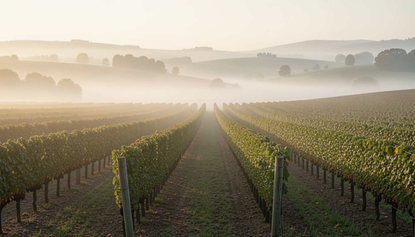 Sunrise over vineyard rows in Rutherford Napa Valley with morning fog lifting from the benchlands and soft golden light on the Mayacamas mountains, representing mindful and alcohol light wine country travel.