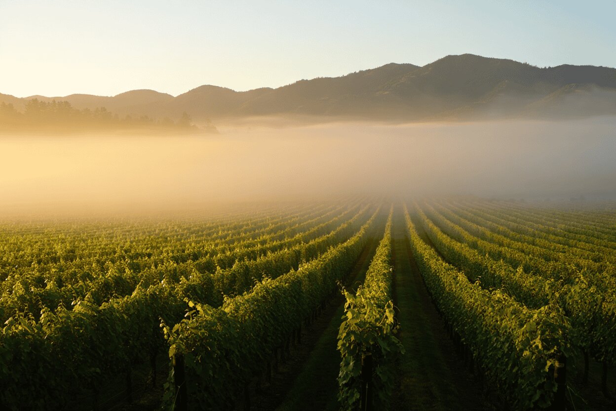 Sunrise over Napa Valley vineyards with morning fog lifting off the Rutherford benchlands and golden light on the Mayacamas mountains.
