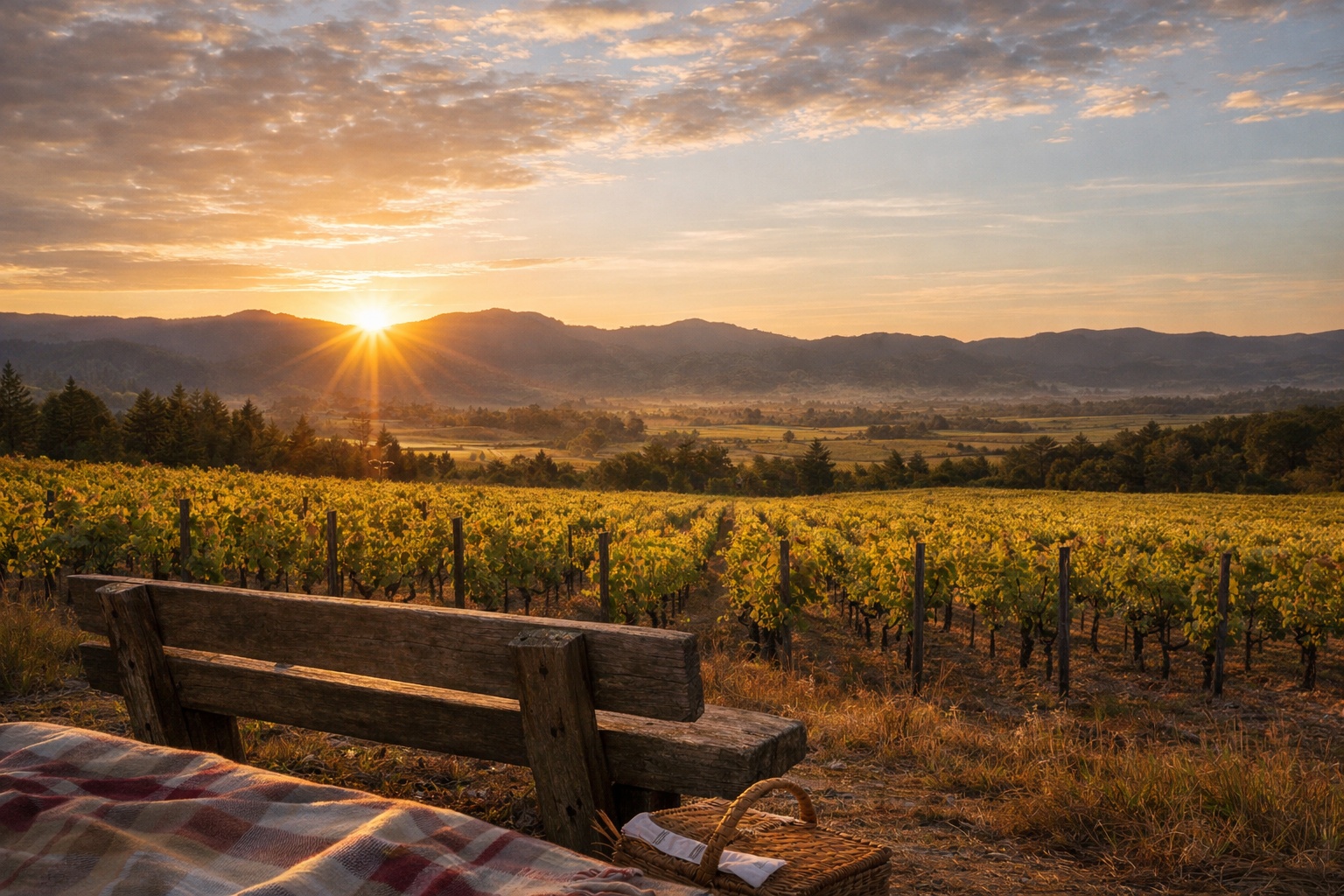 Golden hour view of Napa Valley vineyards with the sun setting behind the Mayacamas Mountains and a picnic blanket in the foreground, ideal for sunset picnics from Alameda County.