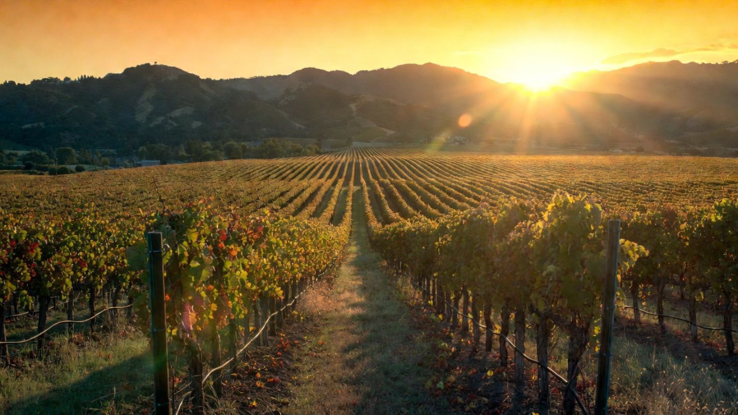 Golden hour light over Cabernet vineyards on the Rutherford benchlands in Napa Valley, with the Mayacamas Mountains catching the last evening sun.