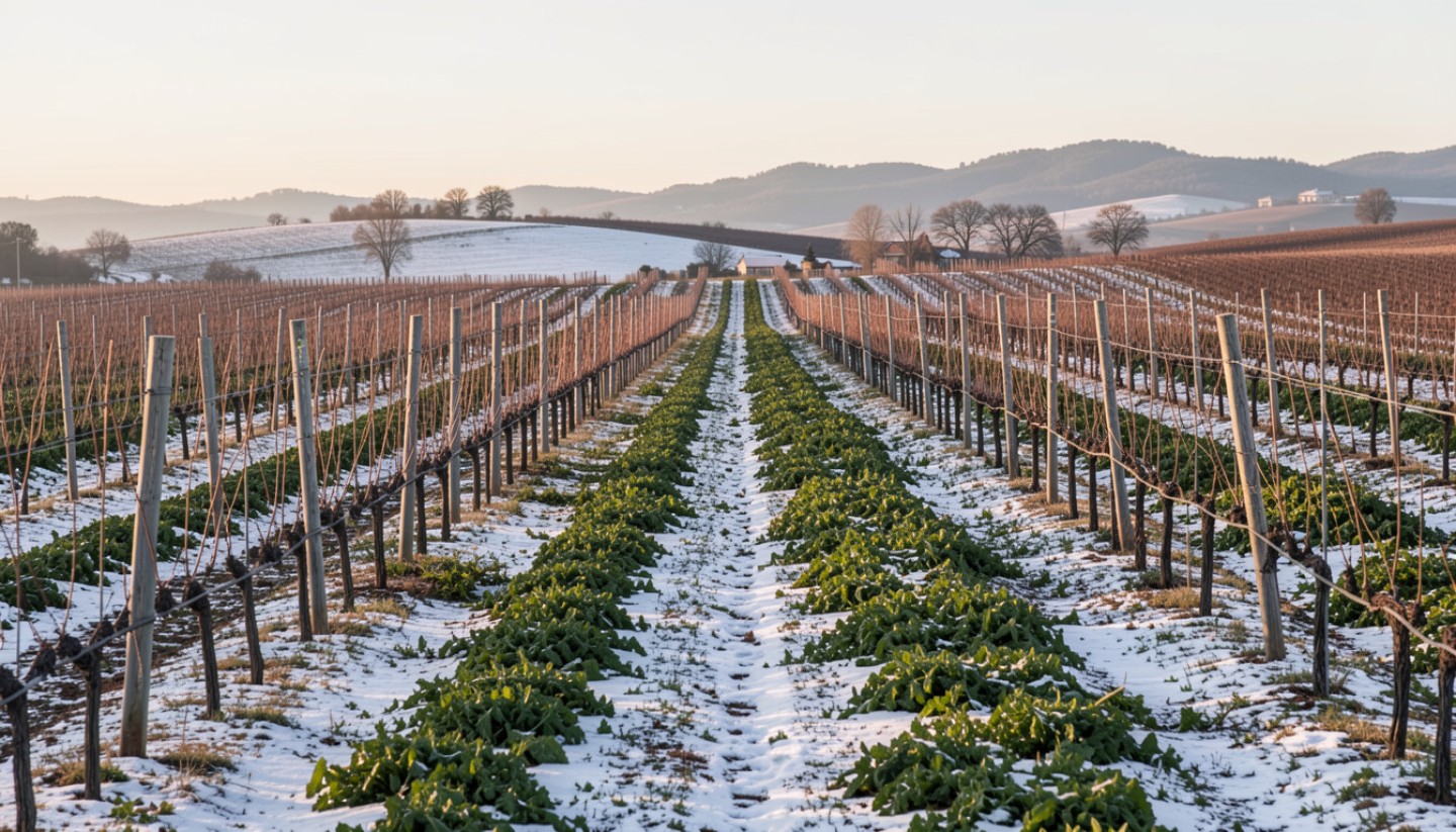 Winter vineyard in Rutherford, Napa Valley with green cover crops growing between vine rows, showing regenerative farming practices focused on soil health and sustainability.