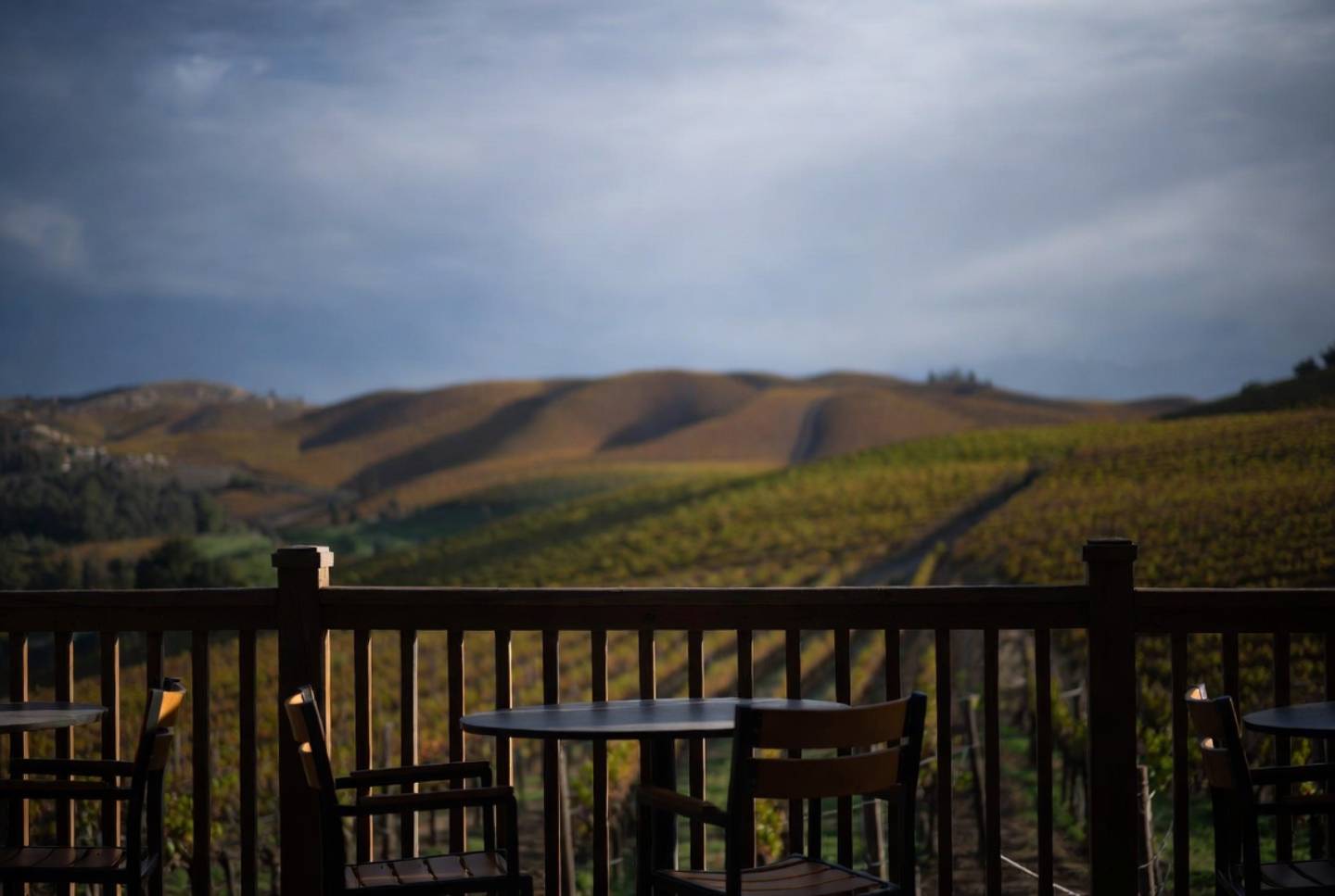 Two empty chairs on a vineyard terrace in Napa Valley, representing shared space, conversation, and relationship alignment during a first trip together.