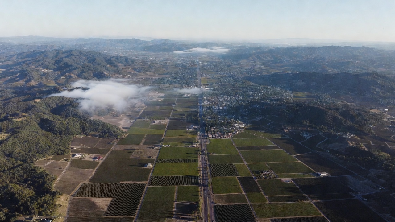 Aerial view of Napa Valley at sunrise showing vineyard rows, Highway 29, and the clustered hospitality corridor in Yountville with morning fog lifting from the valley floor.