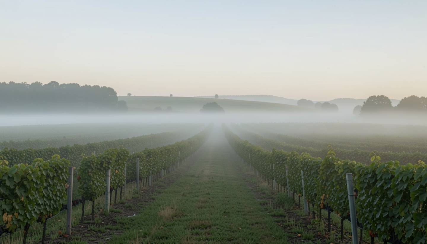 Morning fog over vineyard rows on the Rutherford benchlands in Napa Valley, symbolizing return, reflection, and the creation of a personal ritual at midlife.