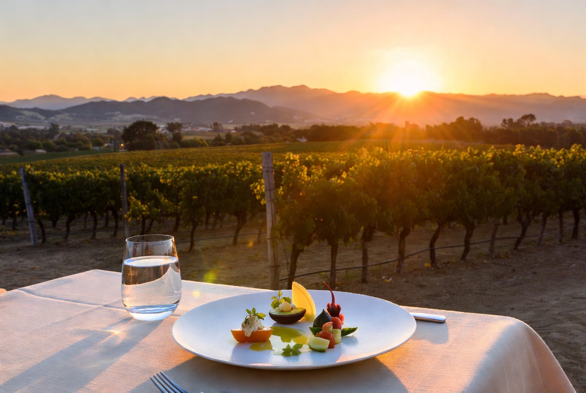 Luxury vegan tasting menu with heirloom vegetables and olive oil served on an outdoor vineyard patio in Rutherford Napa Valley at sunset with Mayacamas mountains in the background.