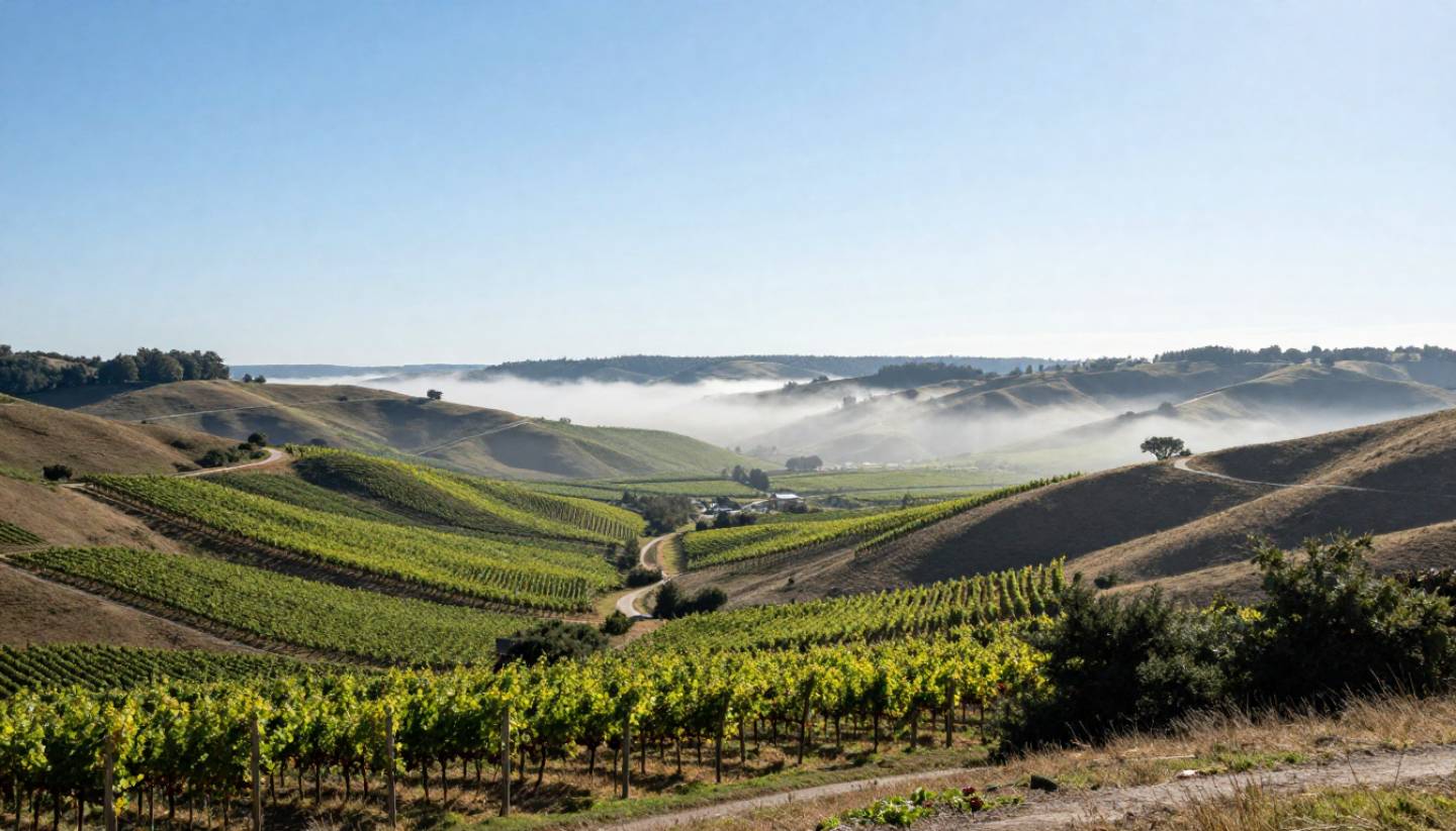 Scenic Napa Valley viewpoint along Silverado Trail with vineyards and morning fog lifting, offering a peaceful setting for reflection and creative thinking.