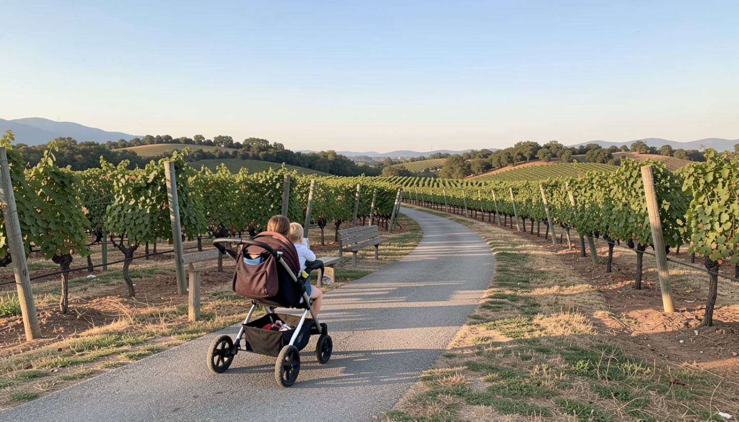 A family walking along the Napa Valley Vine Trail beside vineyard rows, showing a flat and stroller friendly path suitable for family outings and picnic stops in Napa Valley.