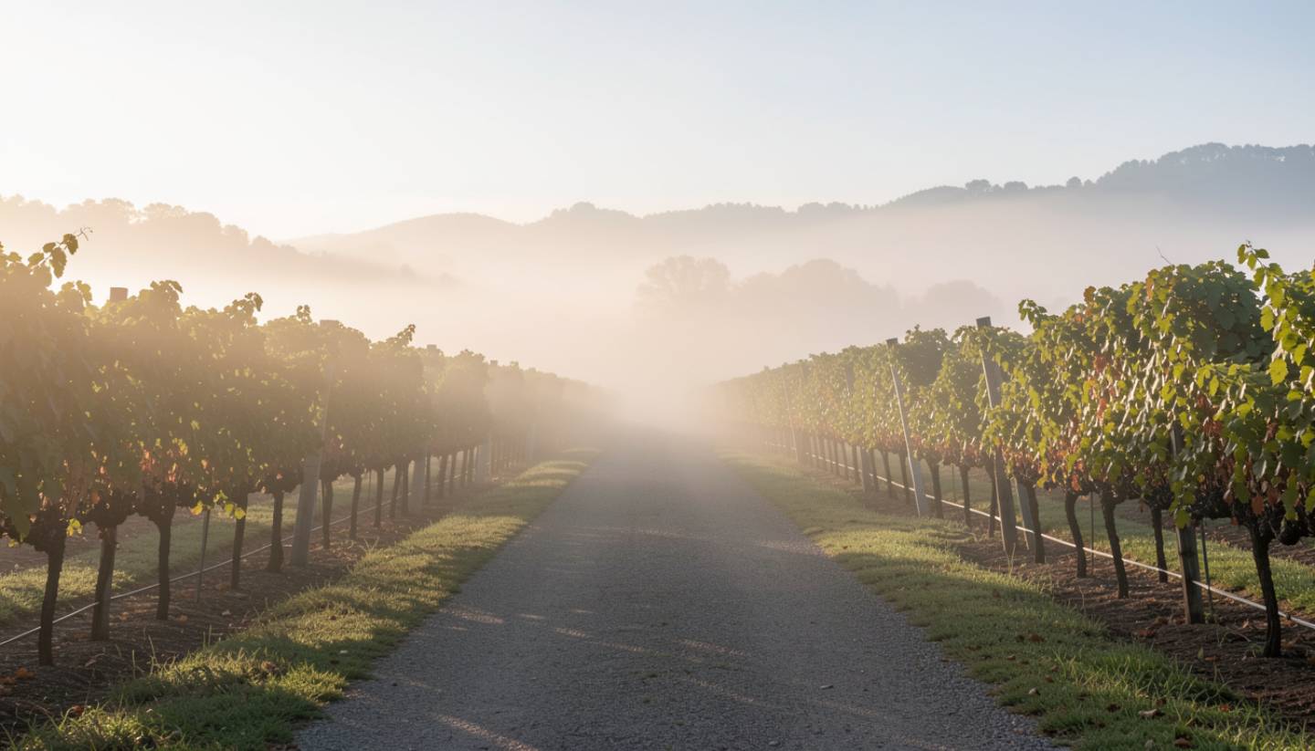 Quiet morning on the Napa Valley Vine Trail with fog lifting over vineyards, representing reflection and personal milestones during a Napa Valley visit.