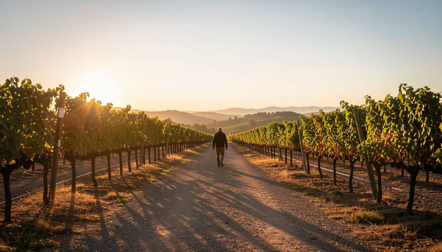 A sunset view along the Napa Valley Vine Trail with warm golden light, vineyard edges, and a quiet walking path, illustrating a restorative wellness itinerary for Marin County travelers seeking calm and balance.