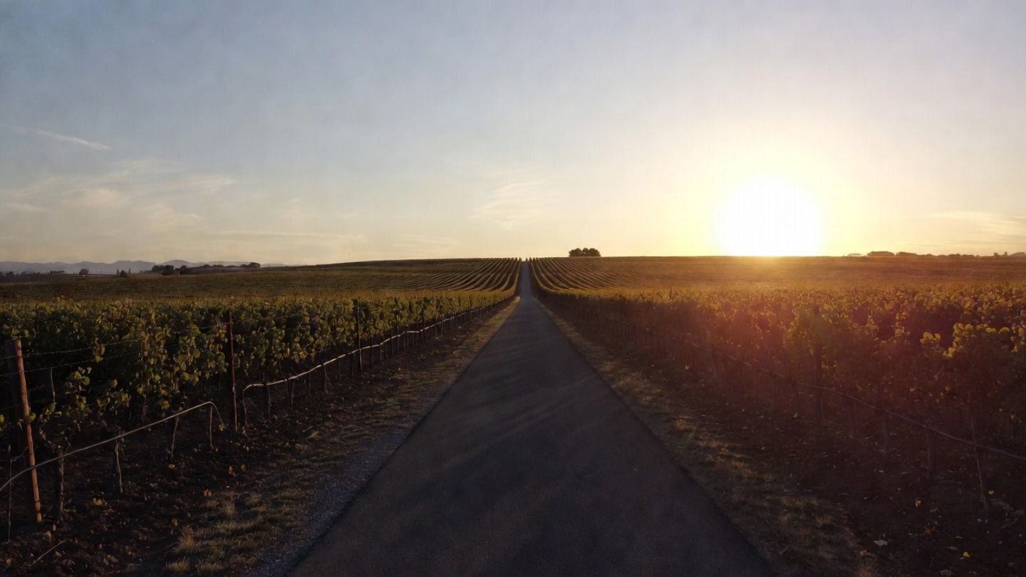 Empty Napa Valley Vine Trail near Yountville in the early morning, bordered by vineyard rows and soft fog. Shows a safe, flat running path ideal for scenic morning jogs in Napa Valley.