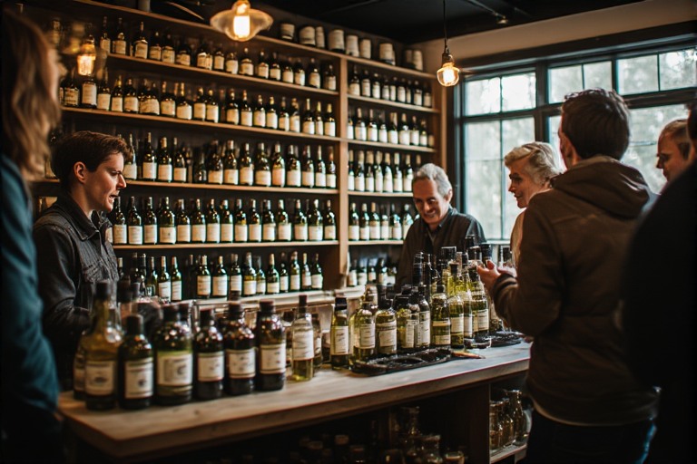 Small Napa Valley tasting room with shelves of olive oil and vinegar, showing a focused pantry craft experience beyond wine tasting.