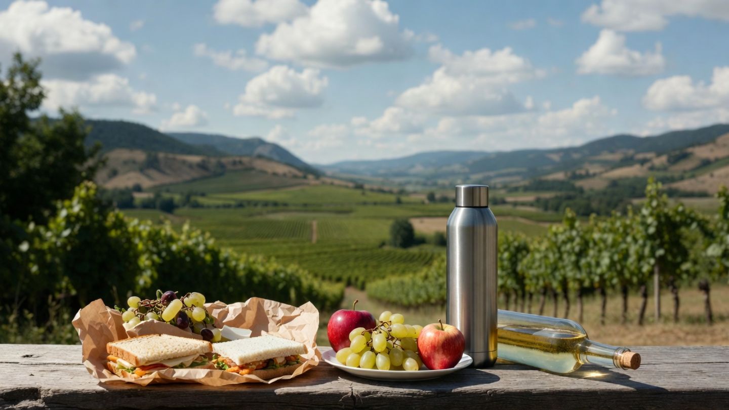 Casual picnic near a vineyard in Napa Valley with simple food, fruit, and wine set against an open valley view, representing a relaxed scenic drive stop.