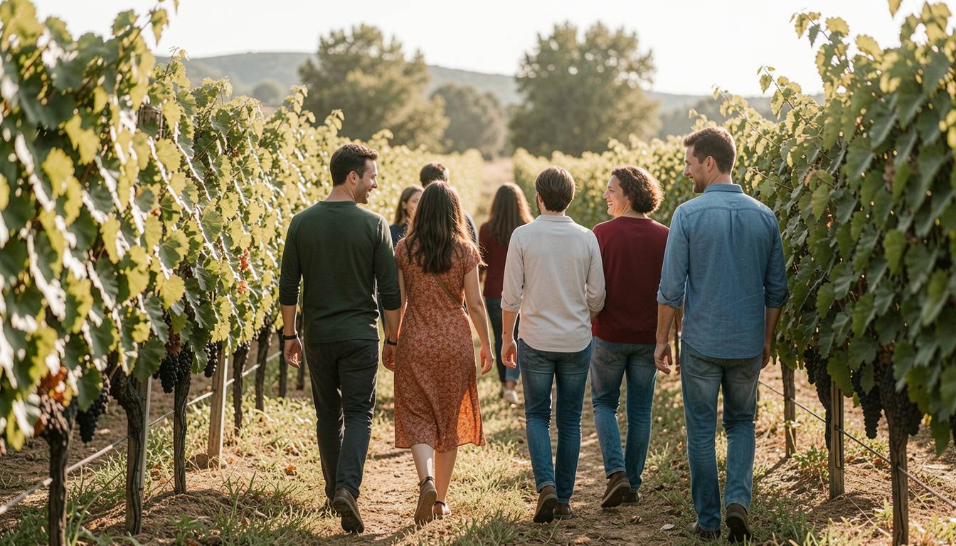 Best friends walking together through vineyard rows in Napa Valley, sharing conversation during a milestone friendship trip.